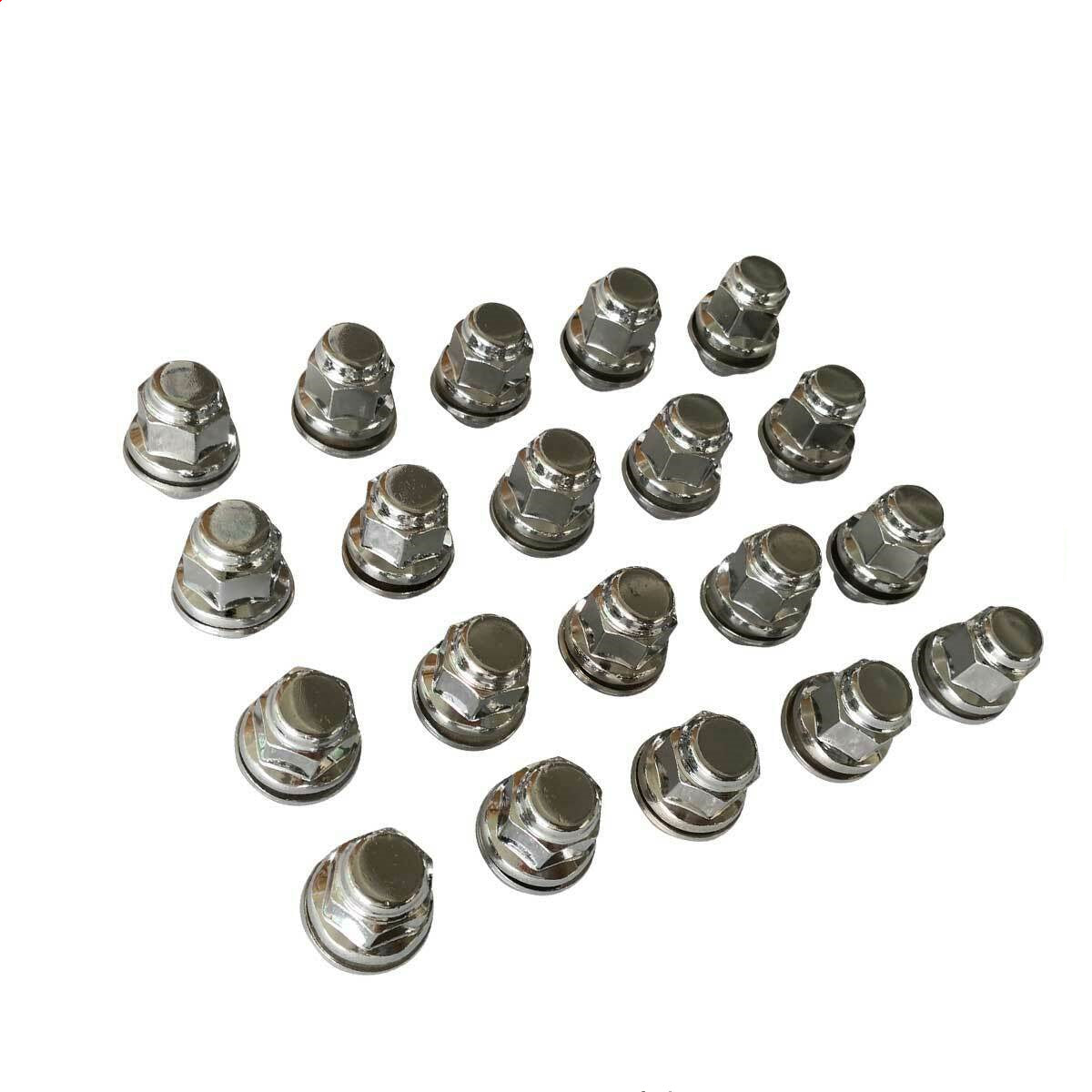 Set of metal lug nuts on a white background