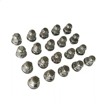 Set of metal lug nuts on a white background
