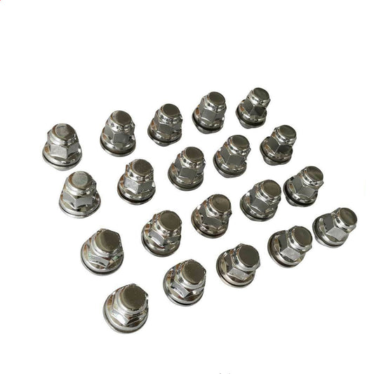 Set of metal lug nuts on a white background