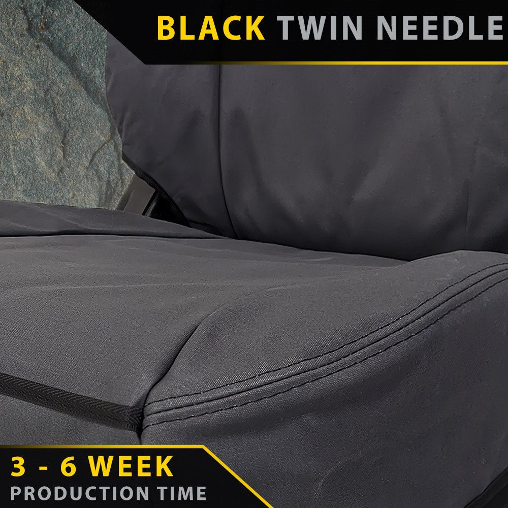 Close-up of black fabric with 'Black Twin Needle' text and '3-6 Week Production Time' label.