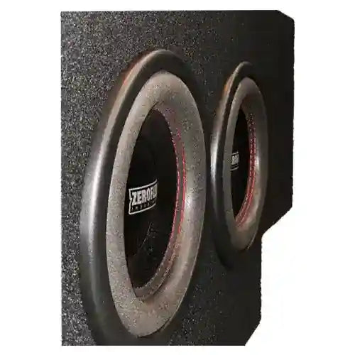 Two subwoofers in a enclosure with a brand logo on a white background