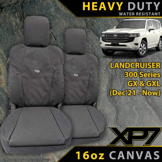 Toyota Landcruiser 300 Seat Covers for Landcruiser 300 Series with a white Landcruiser vehicle in the background.