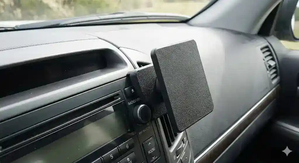 ClicOn angled console mounting bracket installed on pre-facelift 2008 to 2015 Toyota LandCruiser 200 Series without drilling