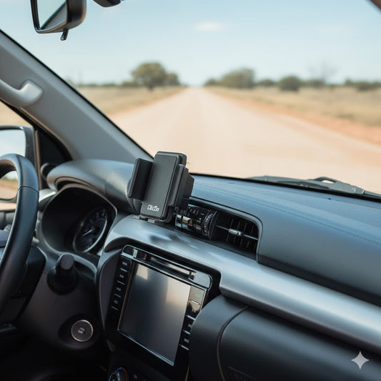 ClicOn angled dash mounting bracket installed on a Toyota Hilux N80 dashboard angled toward the driver for phone mounting without drilling
