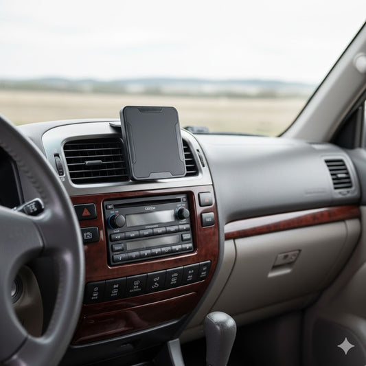 ClicOn angled dash mounting bracket installed on a 2002-2007 Toyota LandCruiser 100 Series centre dash without drilling