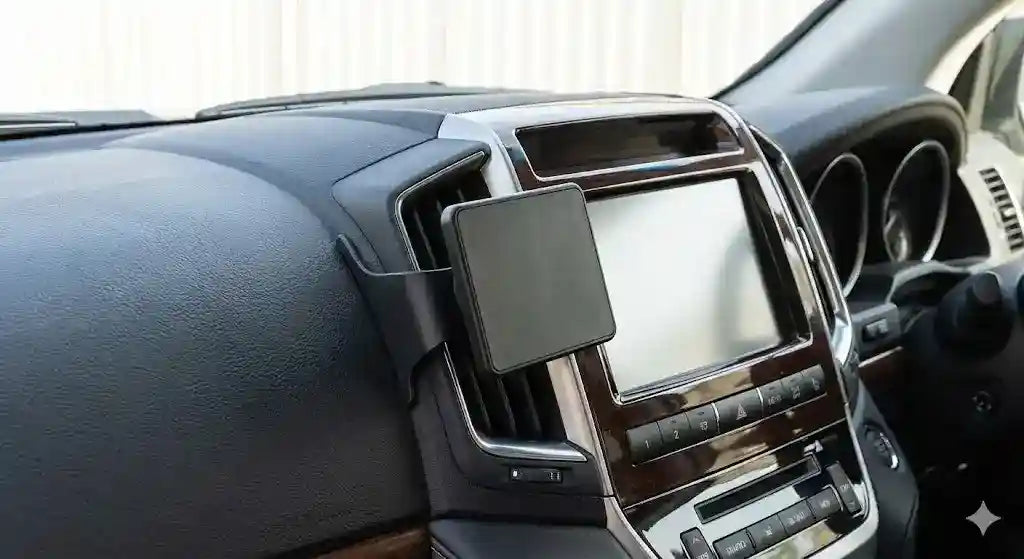ClicOn angled dash mounting bracket installed on Toyota LandCruiser 200 Series centre console without drillin