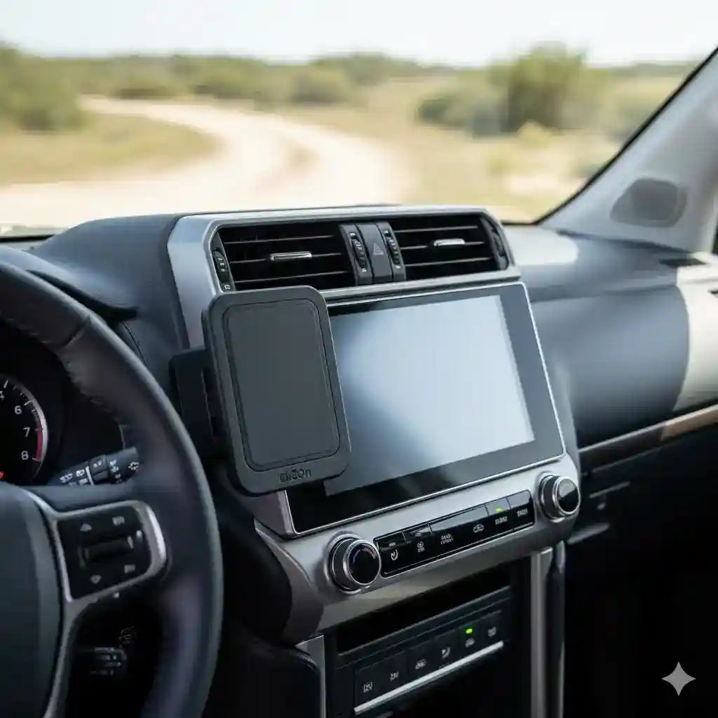 ClicOn angled dash mounting bracket installed on the modern dashboard of a 2024 onwards Toyota Prado 250 Series without drilling