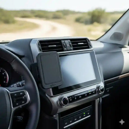 ClicOn angled dash mounting bracket installed on the modern dashboard of a 2024 onwards Toyota Prado 250 Series without drilling