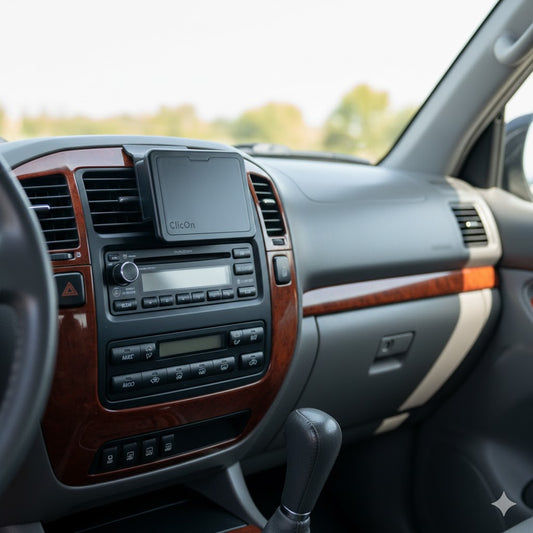 ClicOn centre dash mounting bracket installed above the air vents on a 2002-2007 Toyota LandCruiser 100 Series without drilling