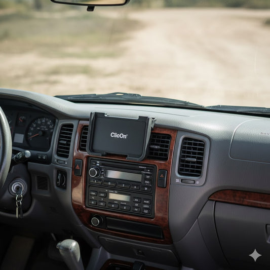 ClicOn centre dash mounting bracket installed above central air vents on a 1998-2002 Toyota LandCruiser 100 Series with no-drill fitmen