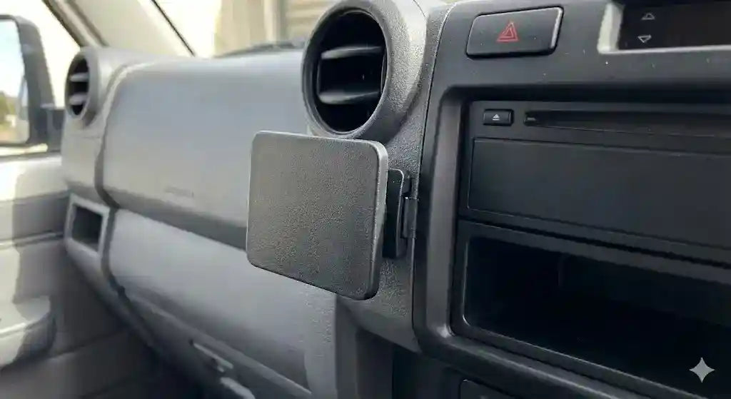ClicOn centre dash mounting bracket installed on Toyota LandCruiser 70 Series without drilling