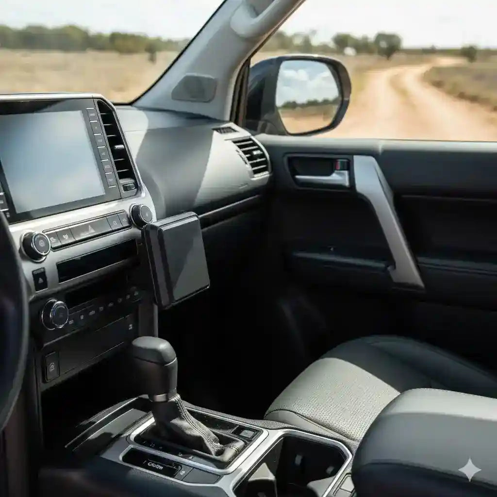 ClicOn centre console mounting bracket installed on the passenger side of a 2024 Toyota Prado 250 Series without drilling