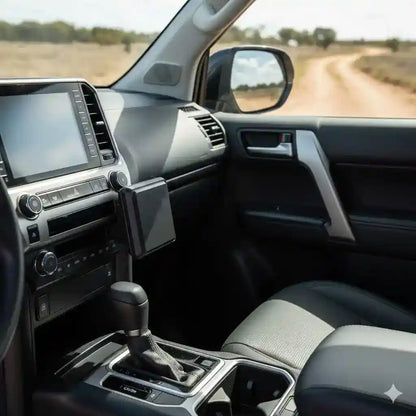 ClicOn centre console mounting bracket installed on the passenger side of a 2024 Toyota Prado 250 Series without drilling