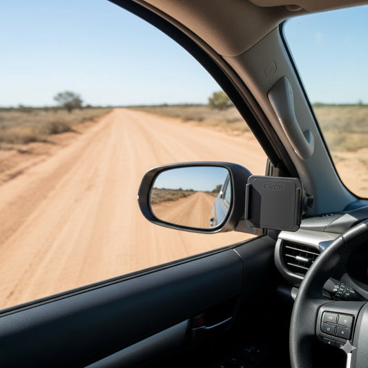 ClicOn right hand A-pillar mounting bracket installed on a Toyota Hilux N80 at eye level for the driver without drilling