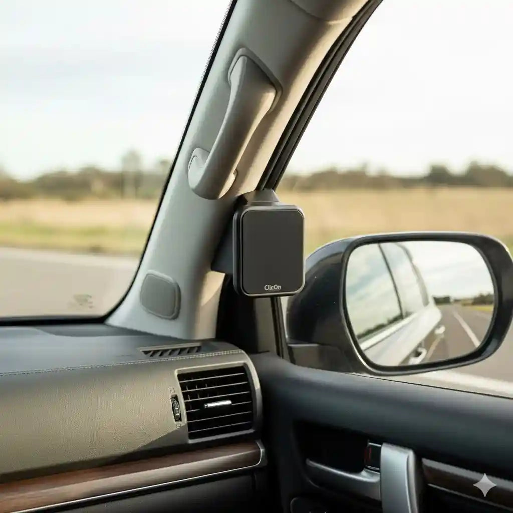 ClicOn right hand A-pillar mounting bracket installed at eye level on a Toyota LandCruiser 300 Series without drilling