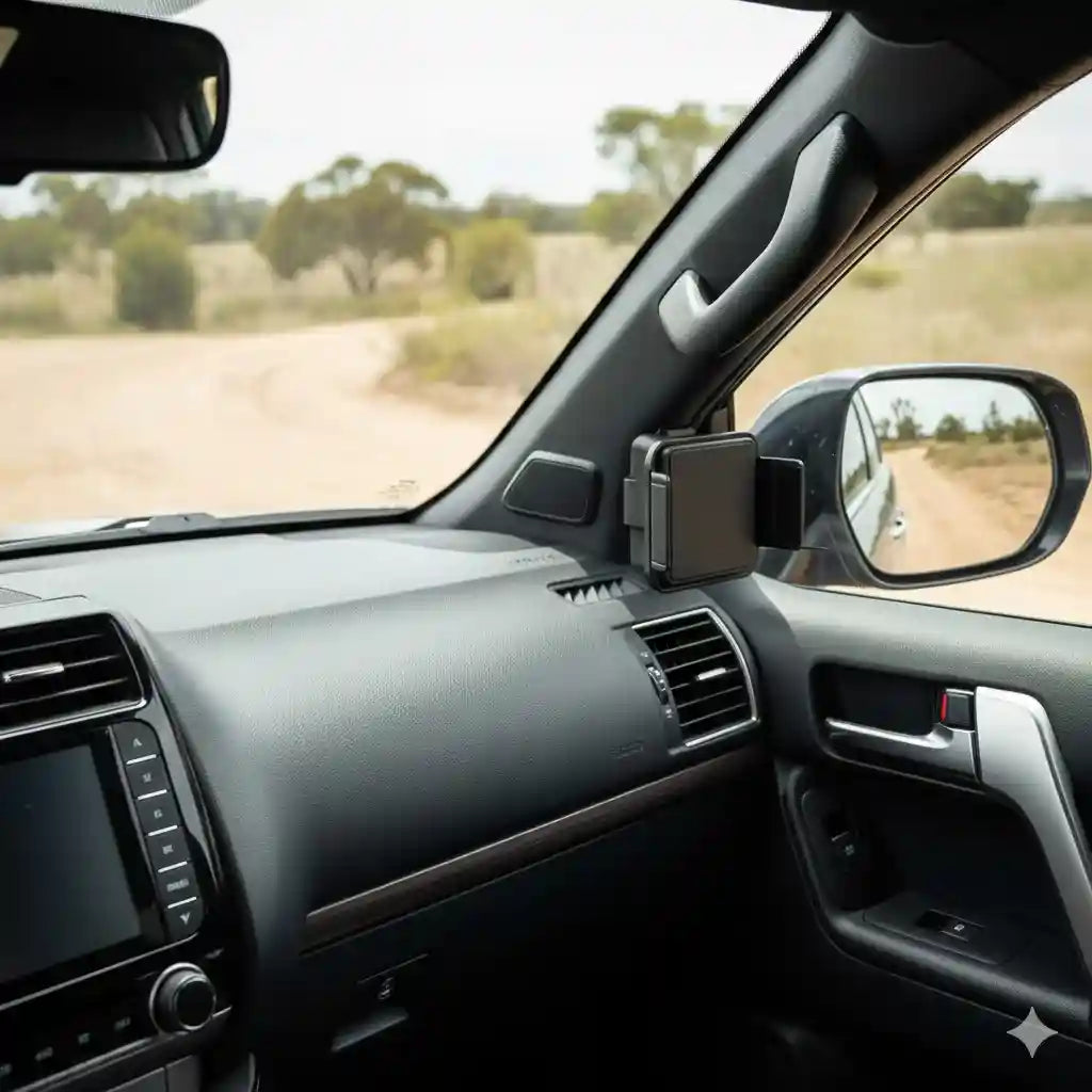 ClicOn right hand A-pillar mounting bracket installed on a 2024 Toyota Prado 250 Series at eye level for the driver