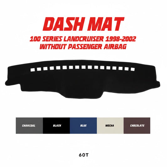 Custom Dash Cover Company mat for 1998-2002 Toyota LandCruiser 100 Series without passenger airbag, featuring red cruiserstore.au branding
