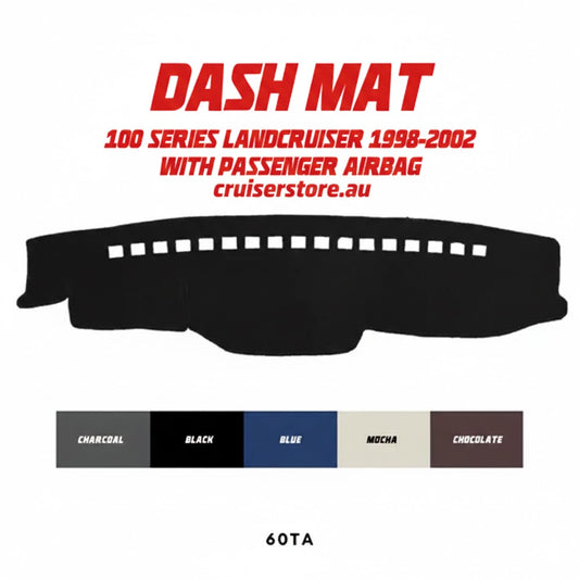 Custom Dash Cover Company mat for 1998-2002 Toyota LandCruiser 100 Series with passenger airbag provision, available in Charcoal, Black, Blue, Mocha, and Chocolate colors.