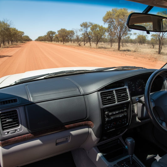 Custom black dash mat installed on a 1998-2002 Toyota LandCruiser 100 Series dashboard showing passenger airbag cutout
