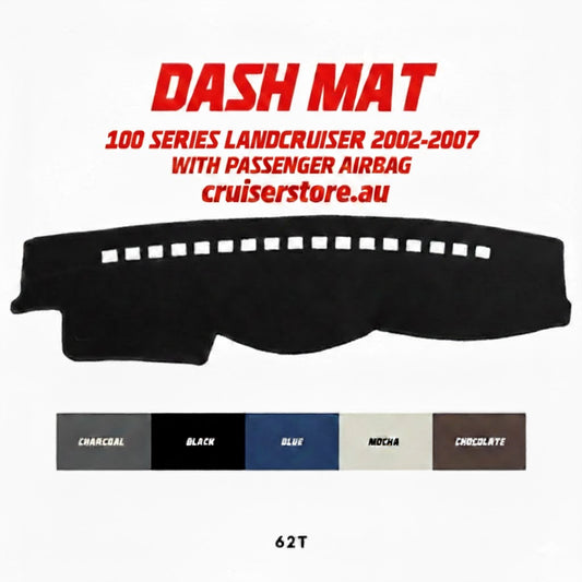 Final product guide for Toyota LandCruiser 100 Series 2002-2007 dash mat with passenger airbag. Features red branding for cruiserstore.au and color options: Charcoal, Black, Blue, Mocha, and Chocolate