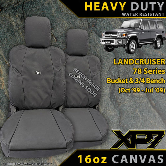 Front Seat Covers for Landcruiser 78 Series with text about material and series.