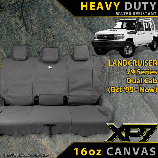 Heavy-duty gray Rear Row Seat Covers for Landcruiser 79 Series Dual Cab with vehicle image and text on a rock background.