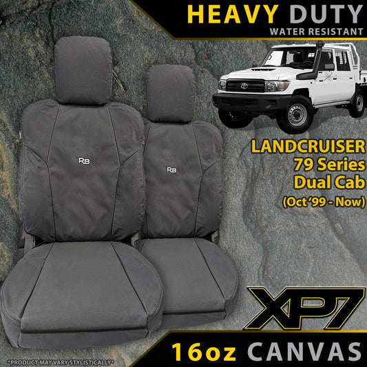2x Front Seat Covers for LandCruiser 79 Series Dual Cab with vehicle image and text on a stone background.