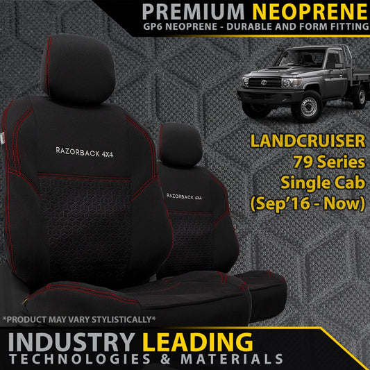 2x Front Seat Covers with red stitching on a textured background, featuring a Toyota LandCruiser 79 Series.