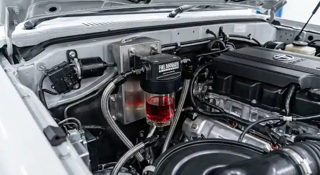 Fuel Manager Pre-Filter Kit installed in Toyota LandCruiser 70 Series V8 engine bay