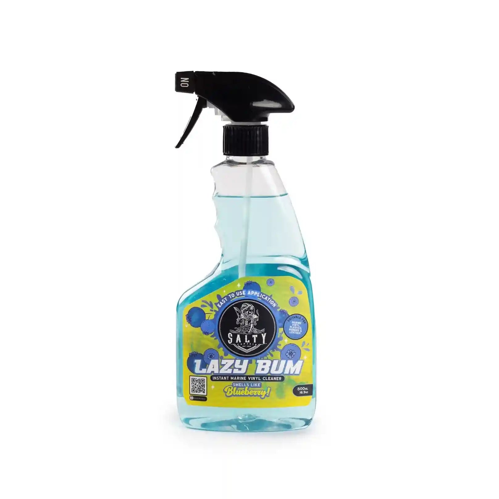 Spray bottle labeled 'Lazy Bum' with a blueberry flavor on a white background