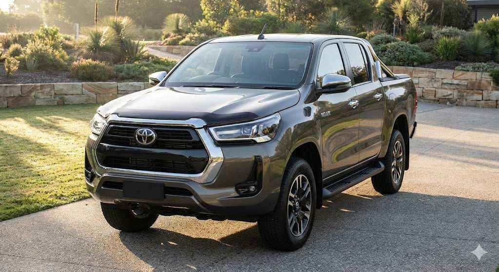 Front view of Oxide Bronze Toyota Hilux SR5 (2022 Model) with OCAM Bonnet Protector installed.