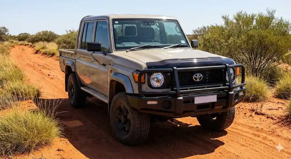 Front view of Sandy Taupe Toyota LandCruiser 79 Series (2024 Facelift) with OCAM Bonnet Protector installed.