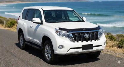 Front view of White Toyota Prado 150 Series (2015 Facelift) with OCAM Bonnet Protector installed.