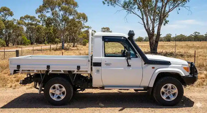 Side profile of white 2020 LandCruiser 79 Series Single Cab showing OCAM weather shield on driver door.