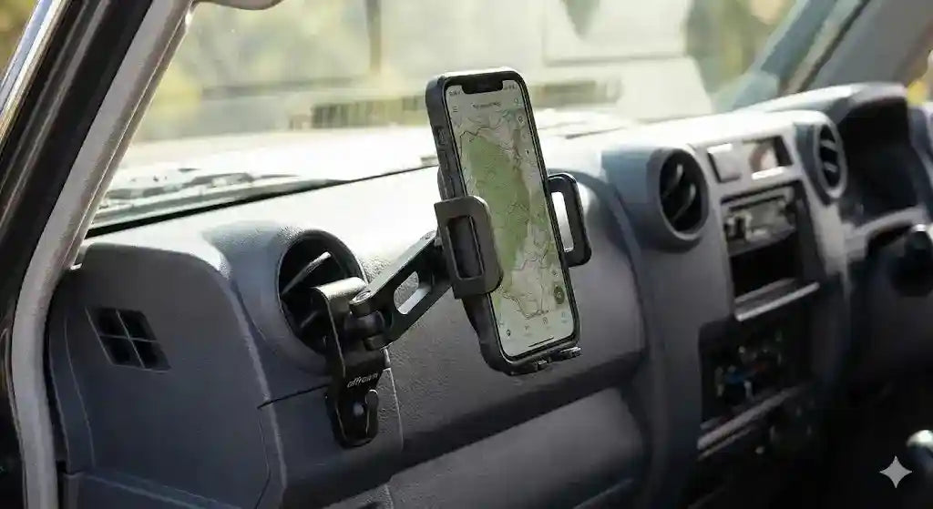 Rugged Offroam all-metal phone mount installed on Toyota LandCruiser 70 Series dashboard vent
