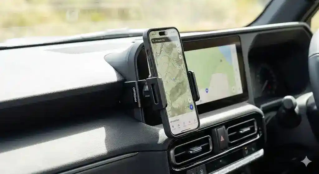 Rugged Offroam all-metal phone mount installed on Toyota Prado 250 Series dashboard