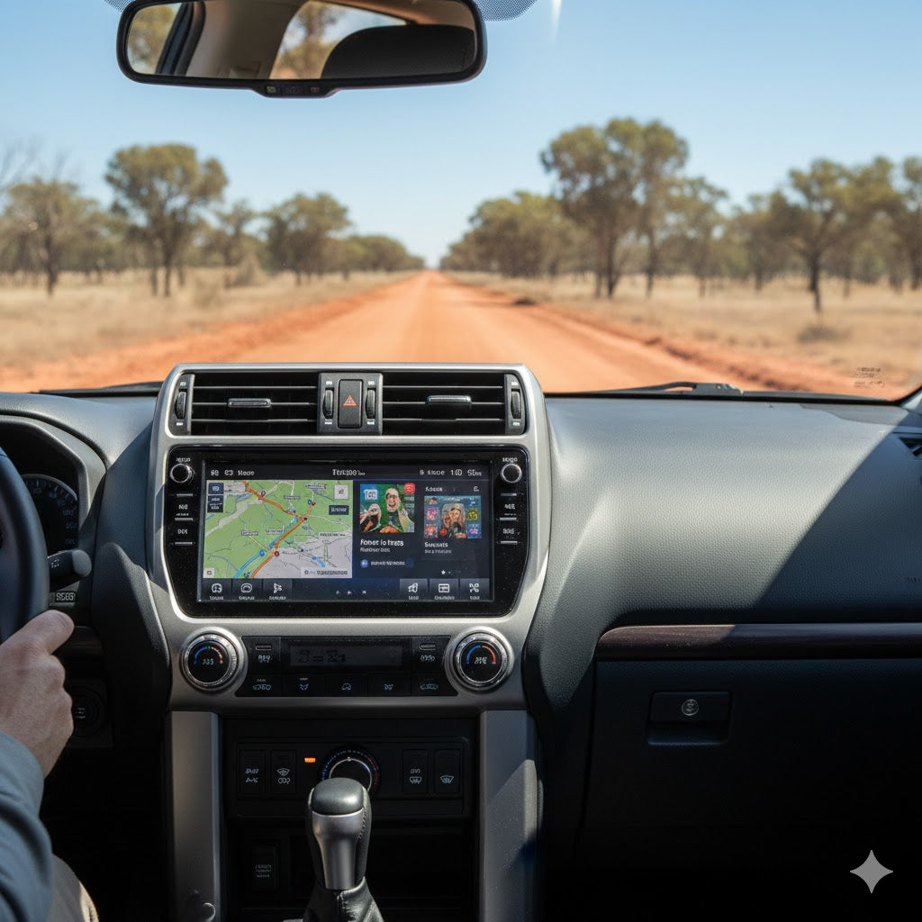 Polaris 10.1 inch touchscreen head unit with wireless Apple CarPlay installed in a 2024 Toyota Prado 150 Series GXL