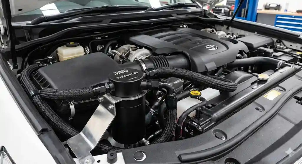 ProVent 200 Catch Can Kit installed in Toyota LandCruiser 200 Series Twin-Turbo V8 engine bay