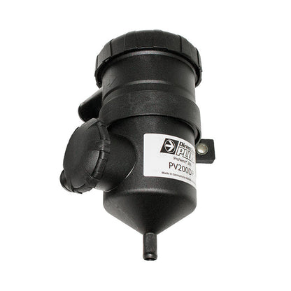 Black catch can with a label on a white background