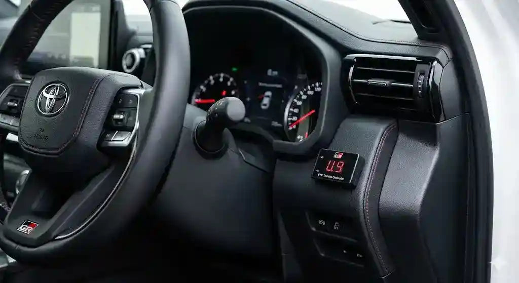 Interior view of Toyota LandCruiser 300 Series GR Sport dashboard showing Ultimate9 EVC Throttle Controller mounted near the steering column.
