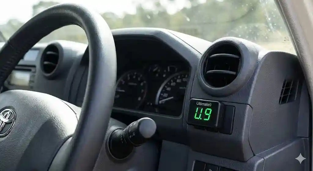 Interior view of Toyota LandCruiser 79 Series dashboard showing Ultimate9 EVC Throttle Controller mounted near steering wheel.