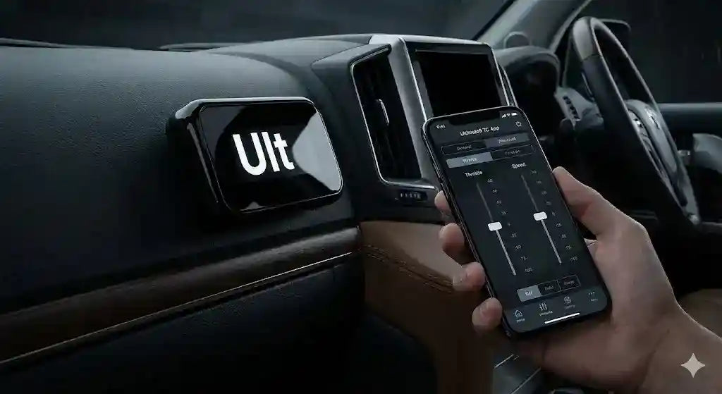 Interior of Toyota LandCruiser 200 Series Sahara showing Ultimate9 evcX Throttle Controller and Smartphone App.