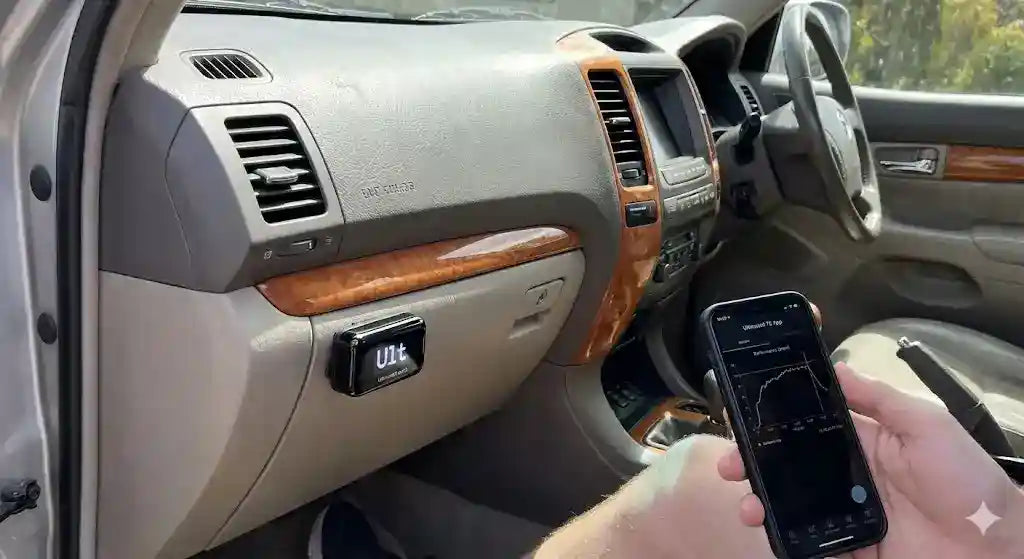 Ultimate9 evcX Throttle Controller installed in Toyota Prado 120 Series dashboard with App Control
