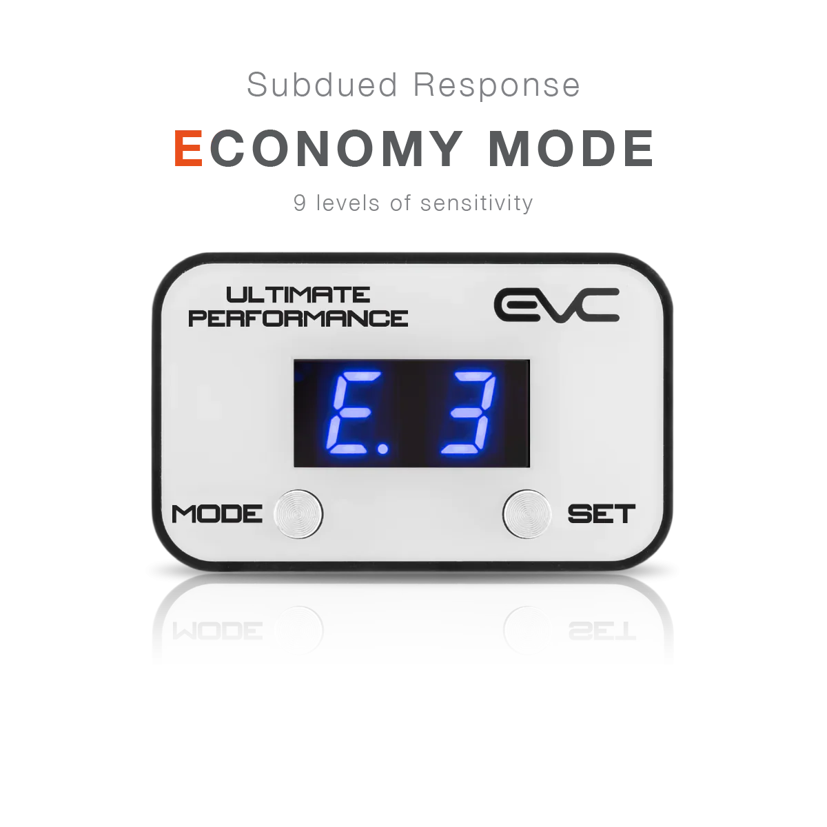 Digital display with 'Economy Mode' and 'Ultimate Performance' text on a white background