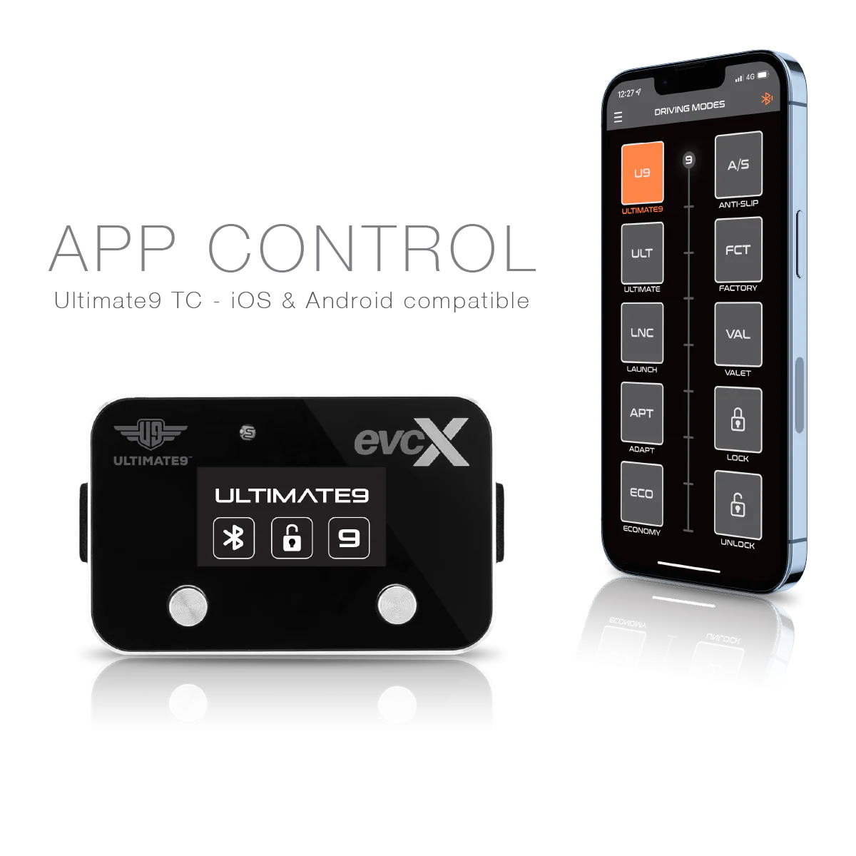 EVCX Ultimate9 TC app control device and smartphone with app interface on a white background