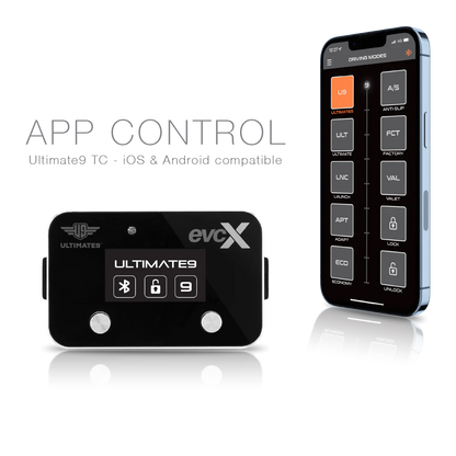 EVCX Ultimate9 TC app control device and smartphone with app interface on a white background