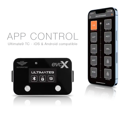 Black electronic device with 'evcX' branding and smartphone displaying app interface on a white background.