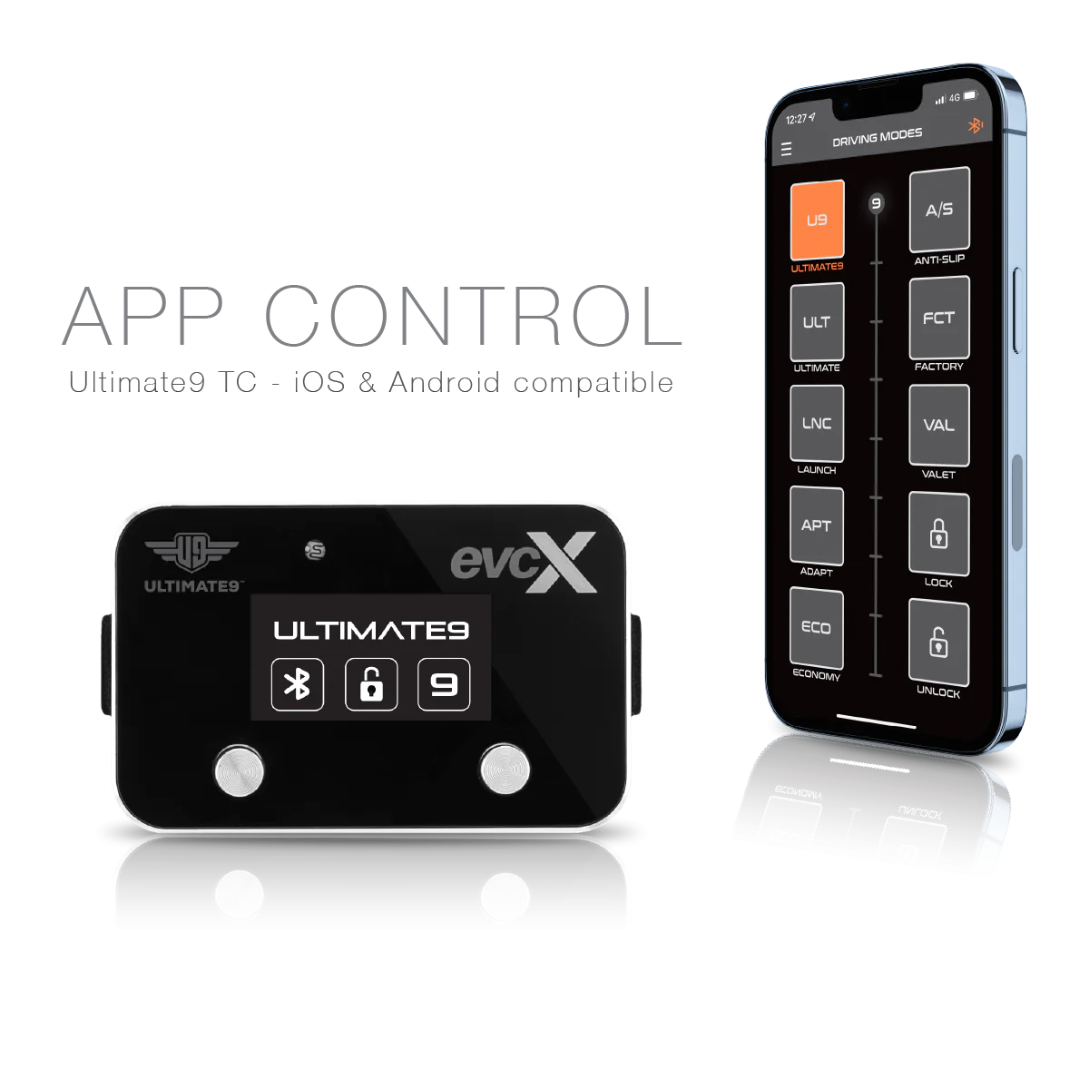 EVCX Ultimate9 TC device with app control on a white background