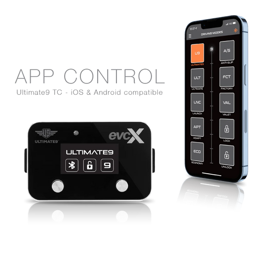 Black electronic device with 'evcX' branding and smartphone displaying app interface on a white background.